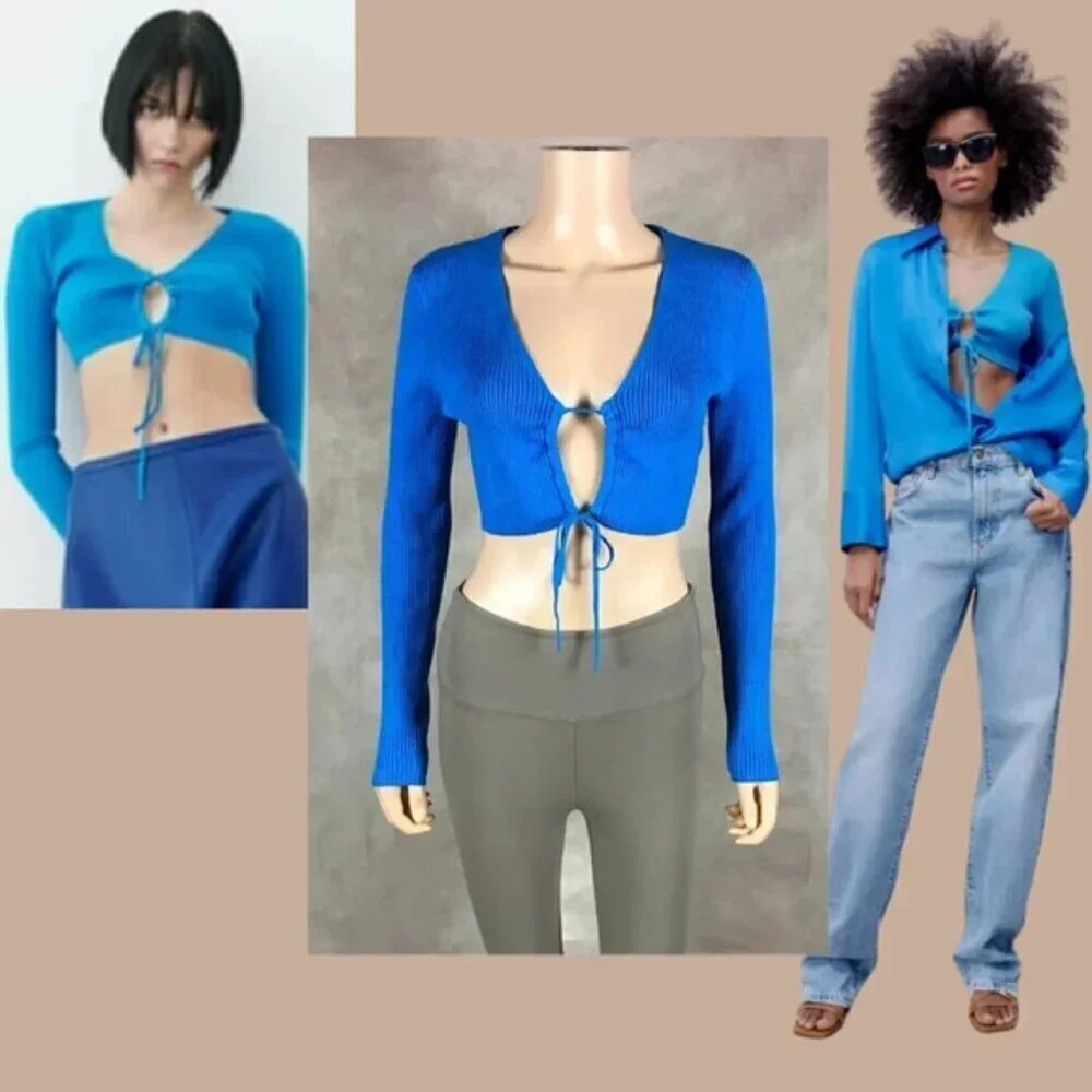 ZARA Blue Tie Front Rib Knit Crop Top Size Large